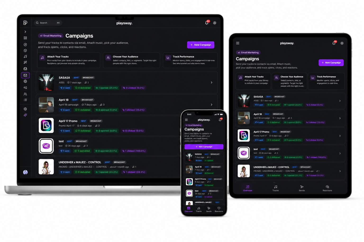 Playsway campaigns dashboard — segmented email sends with analytics
