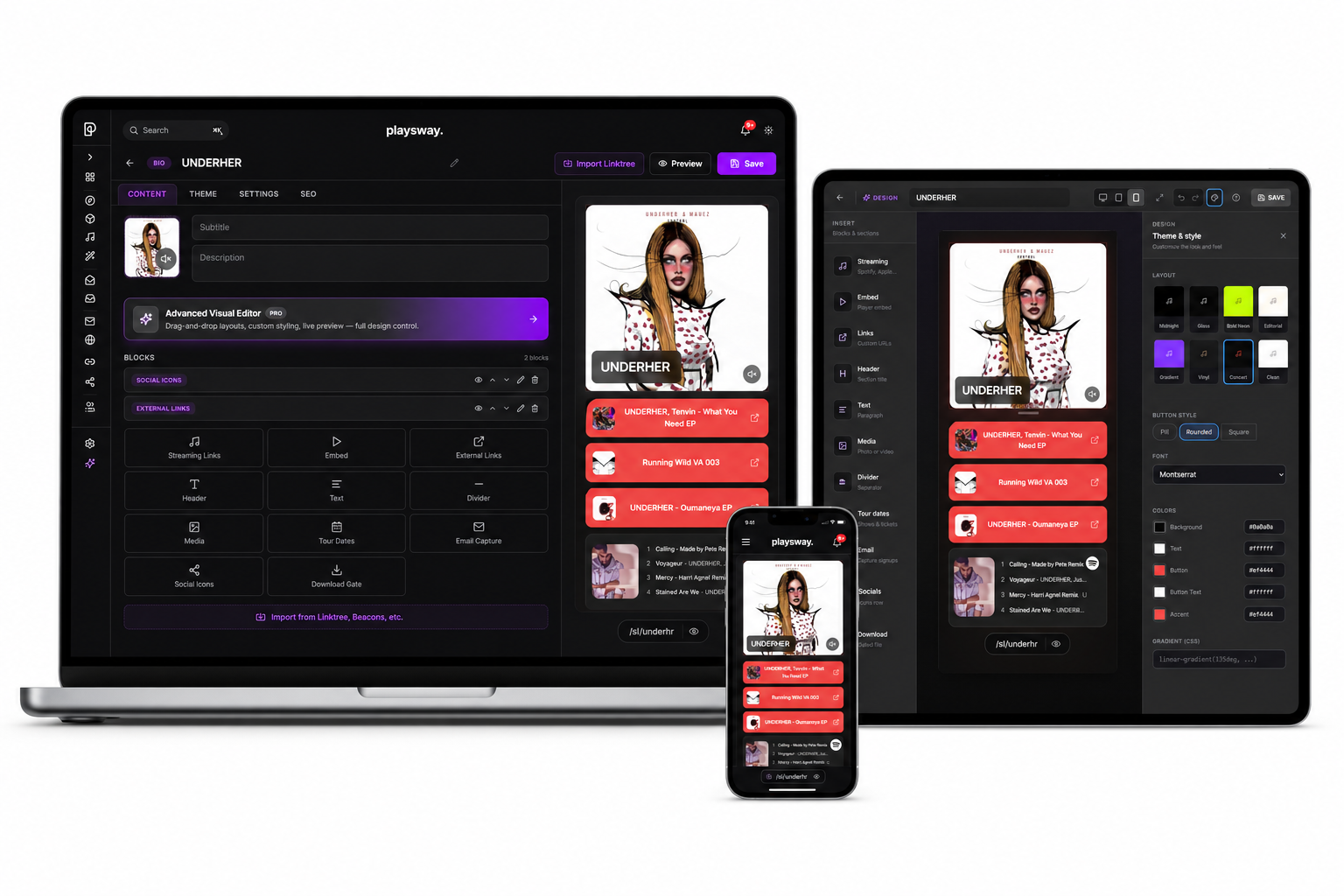 Playsway Smart Link Studio — desktop, tablet, and phone preview